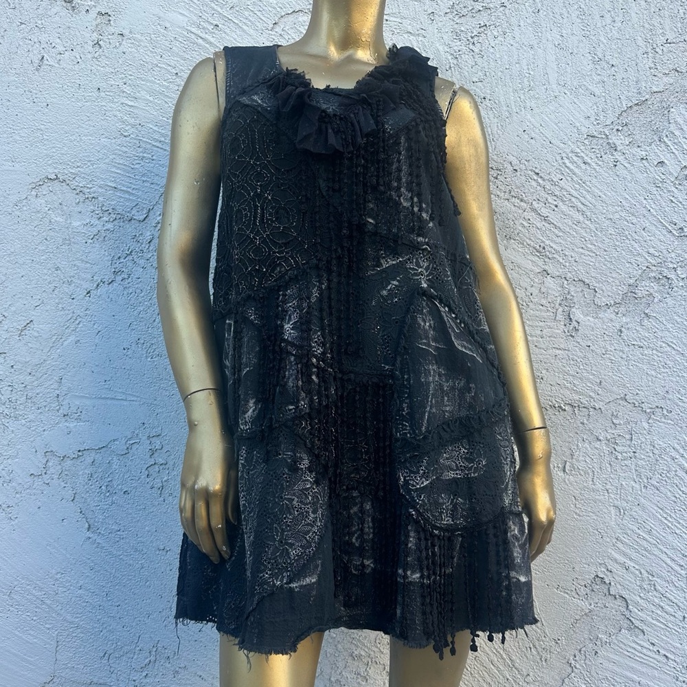 Y2K ICE Mixed media cotton denim, lace, crochet, fringe a-line mini Dress, 2